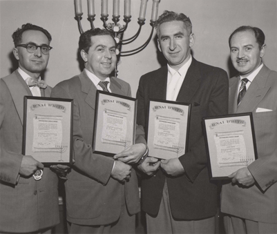 A group of unidentified men with B'nai B’rith International receive a Distinguished Service Award in Vancouver, B.C., 1953.